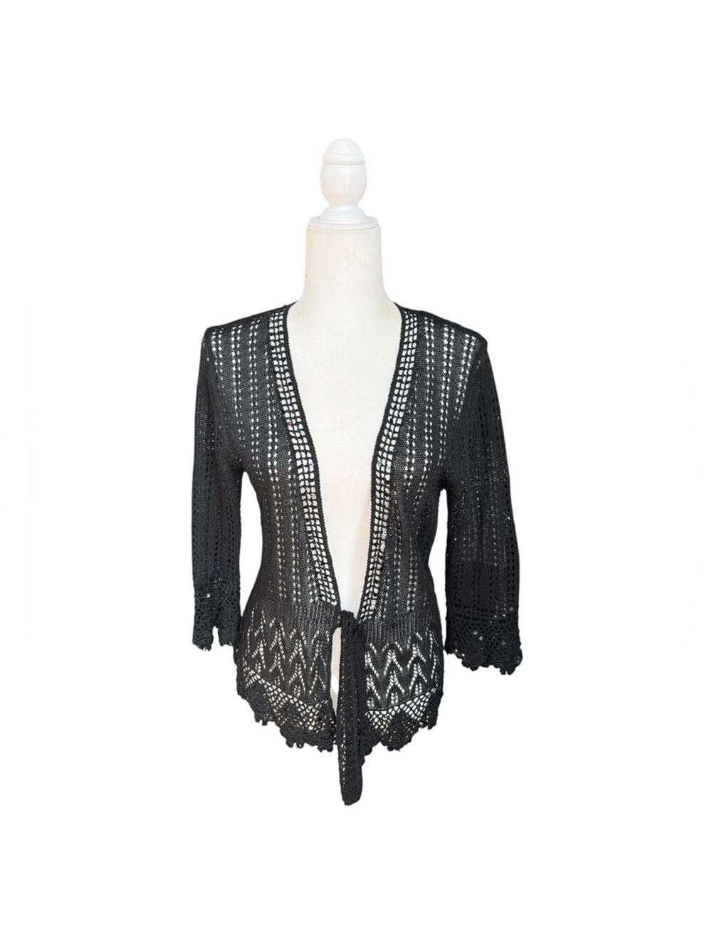Boho Lace Knit Sequin Tie Front Cardigan Black S/M Festival Beach Cover Up
